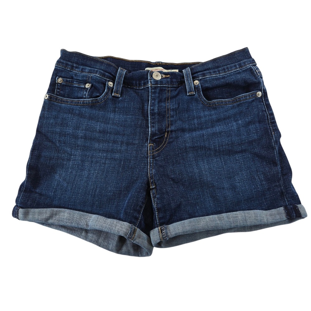 Levis Womens 28 Mid Length Denim Shorts Dark Wash Cuffed Blue Jean Shorts